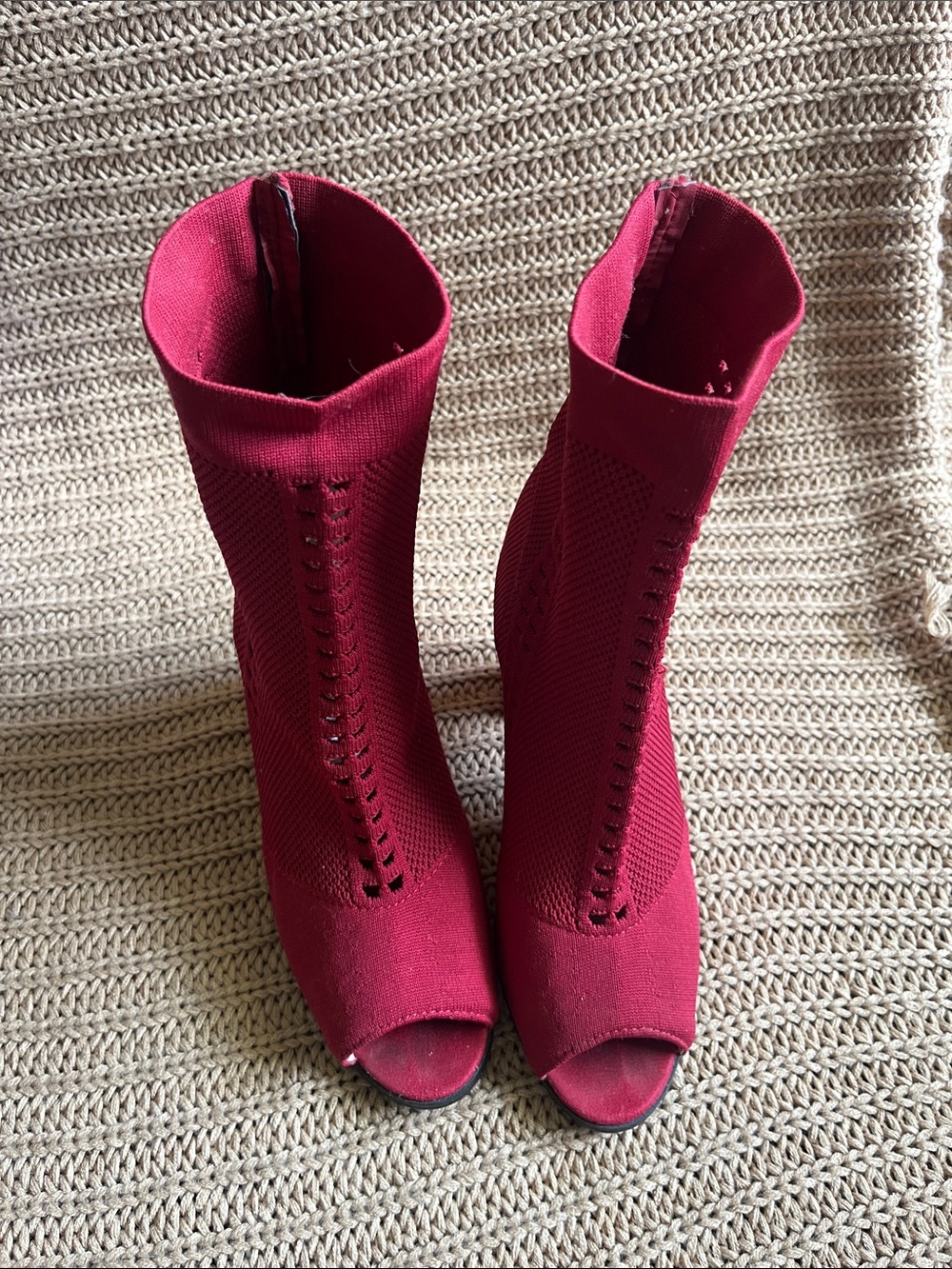 Hot Kiss Wine Red Knit Peep-Toe Sock Boots